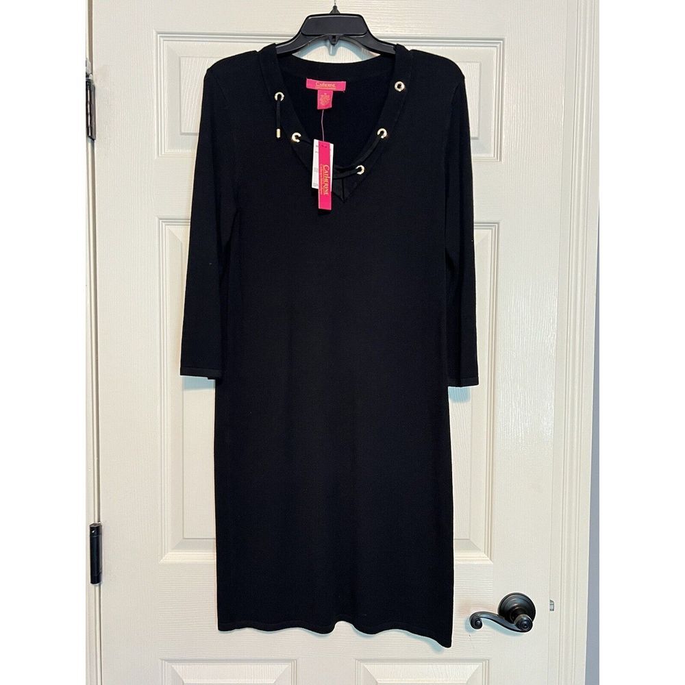 Catherine Malandrino Dress Size M Black Knit V Neck Grommets 3/4 Sleeve‎ - 270